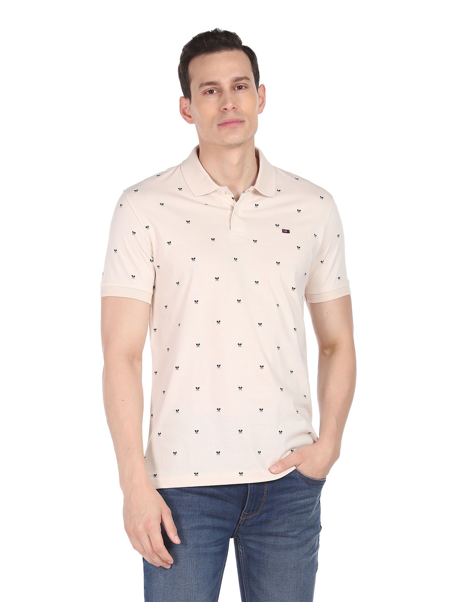 AD by Arvind Geometric Print Cotton Polo Shirt