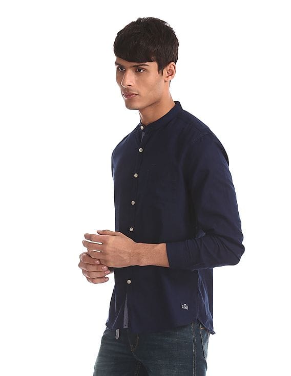 Blue Mandarin Collar Cotton Linen Shirt 