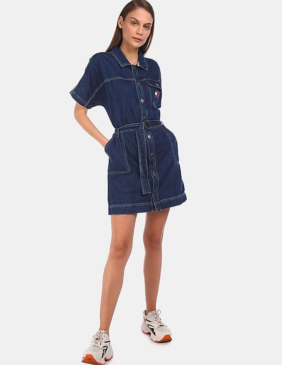 tommy hilfiger belted denim shirt dress Belted Denim Mini Shirtdress