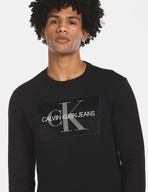 Buy Calvin Klein Men Black Long Sleeve Velour Monogram T-Shirt 
