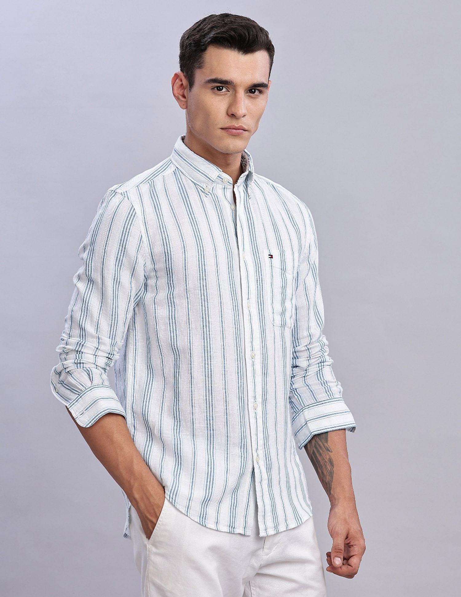 Tommy Hilfiger Striped Regular Fit Plain Woven Shirt