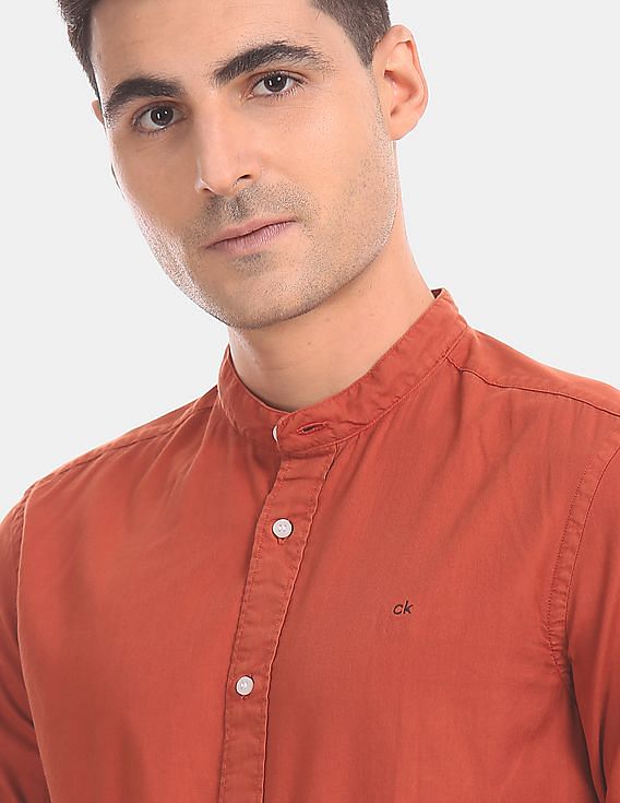 Buy Calvin Klein Men Rust Mandarin Collar Long Sleeve Solid Casual