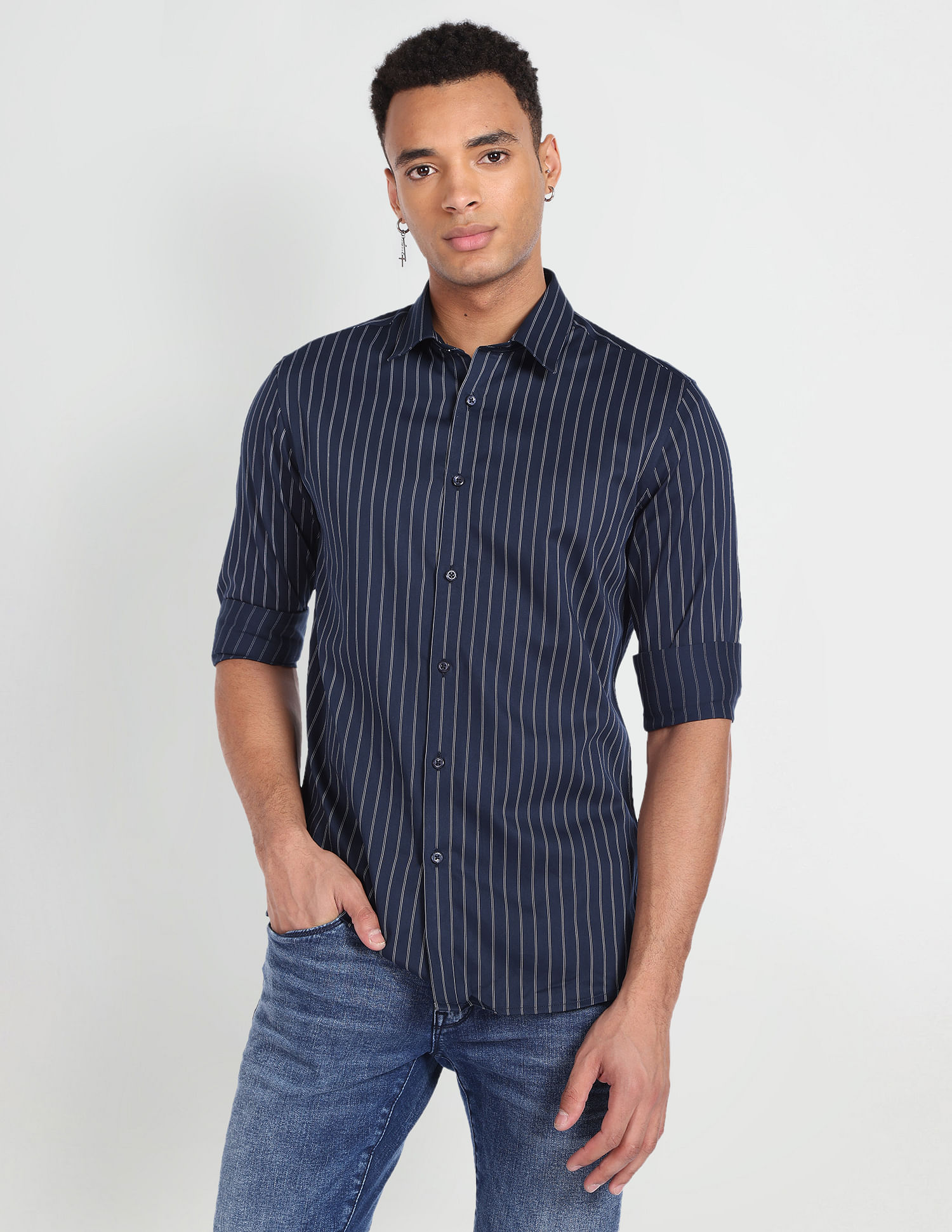 Flying Machine Cotton Sateen Vertical Stripe Shirt