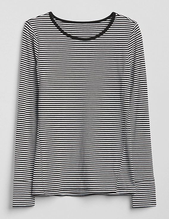 Buy GAP Women Black Long Sleeve Stripe Crewneck T-Shirt - Main Image