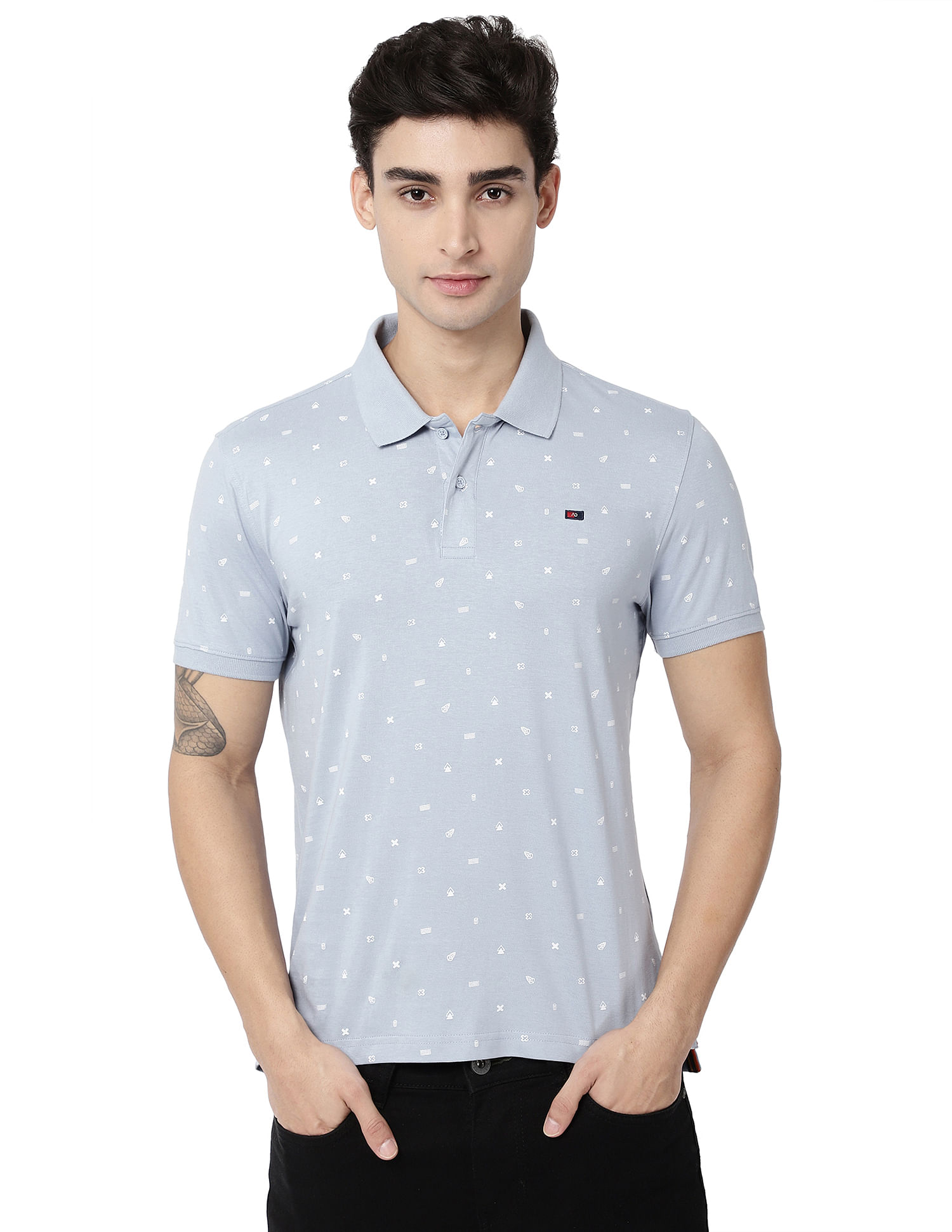 AD by Arvind Metallic Geometric Print Cotton Polo Shirt