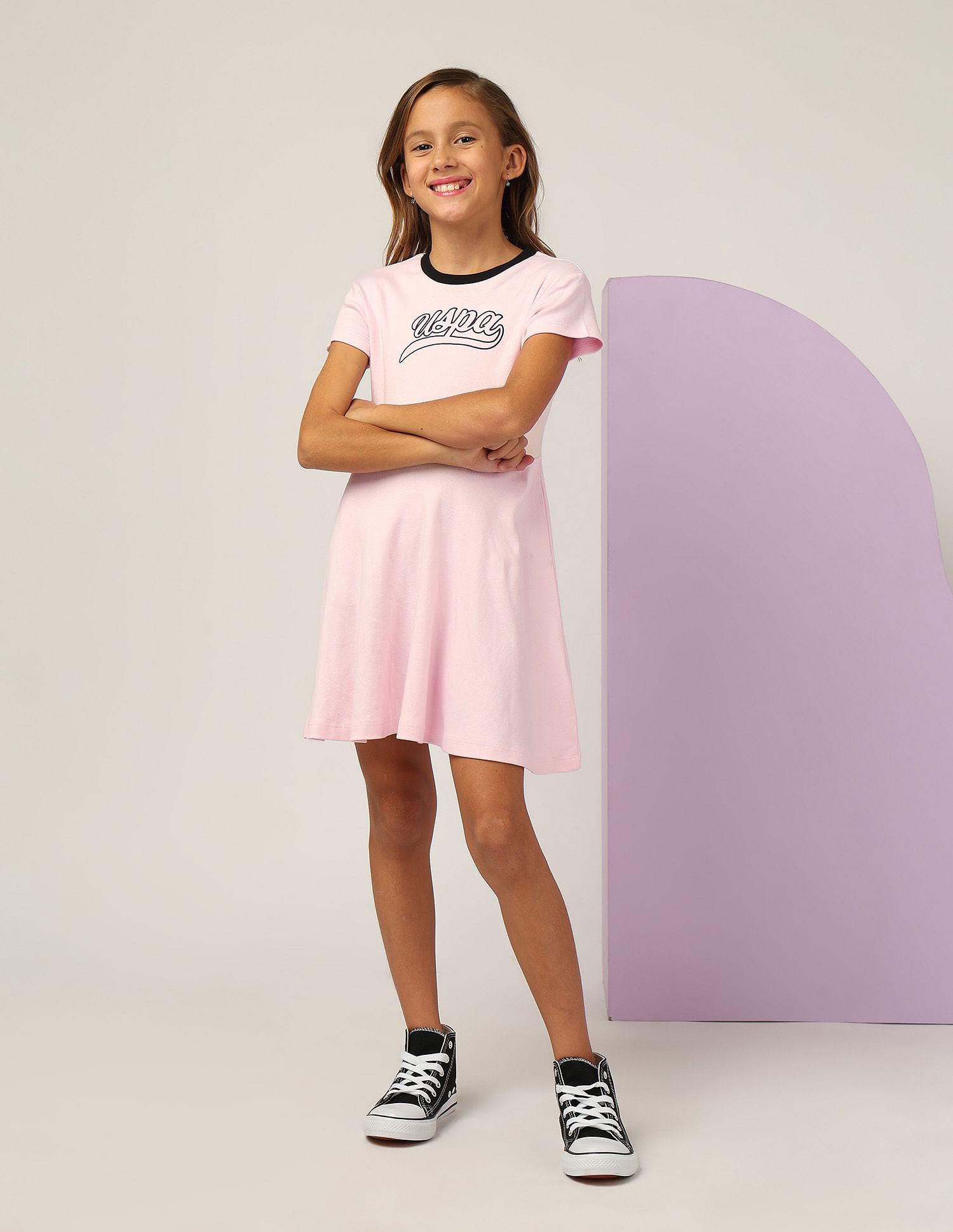 U.S. Polo Assn. Kids Girls Brand Printed Fit And Flare Dress
