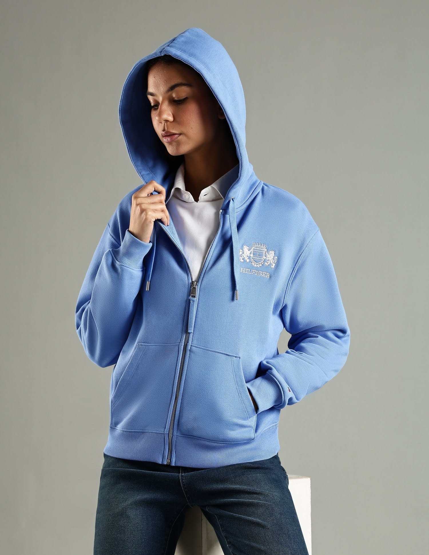 Buy Tommy Hilfiger Regular Fit Cotton Hooded Neck Zip-Front Sweatshirt 