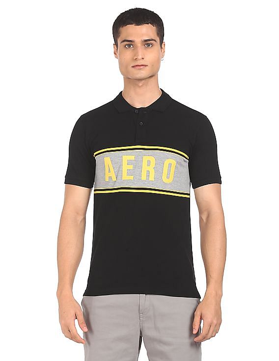 Aeropostale Men Black Ribbed Collar Contrast Stripe Polo Shirt