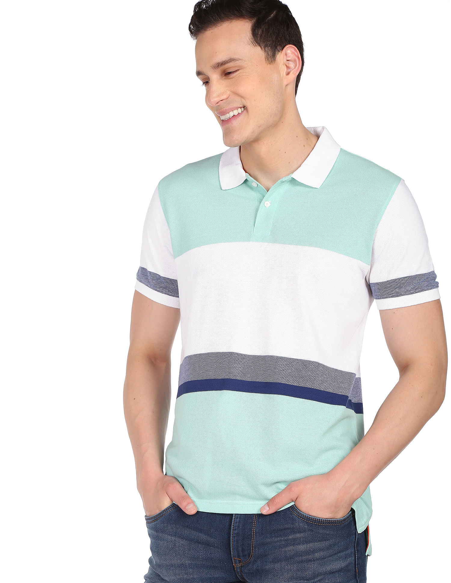 AD by Arvind Cotton Horizontal Stripe Polo Shirt