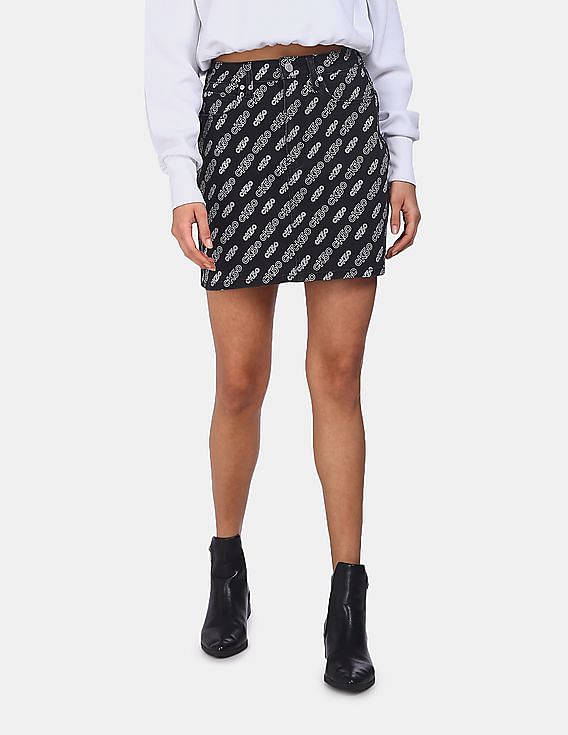 Calvin Klein Women Black Brand Print Denim Mini Skirt
