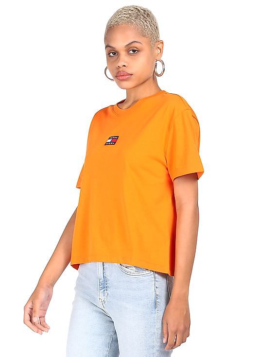 Buy Tommy Hilfiger Women Orange Round Neck Brand Flag T-Shirt 