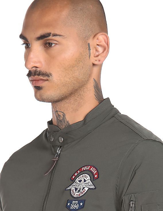 U.S. Polo Assn. Denim Co. Men Olive Mandarin Collar Solid Biker Jacket