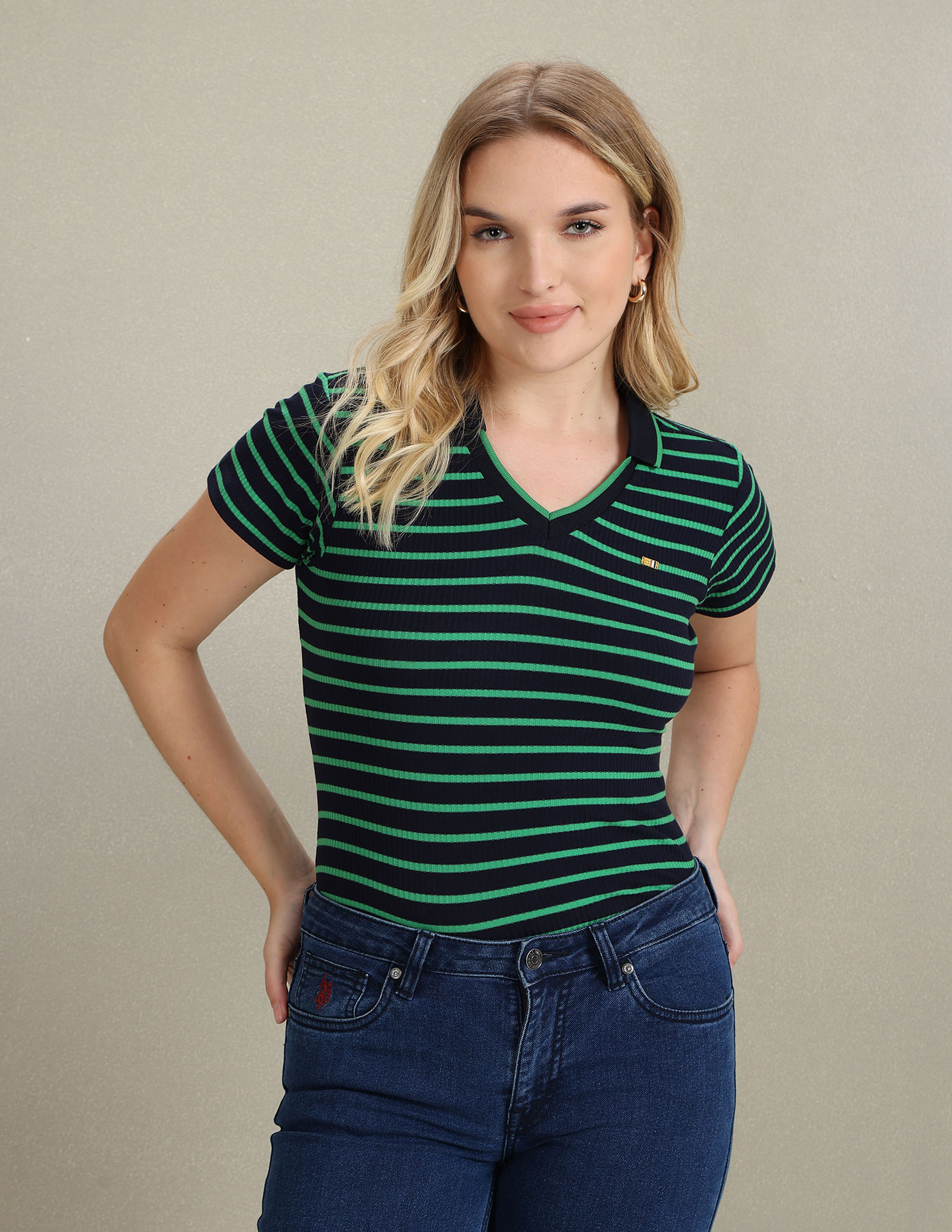 U.S. Polo Assn. Women Horizontal Stripe Ribbed Polo Shirt