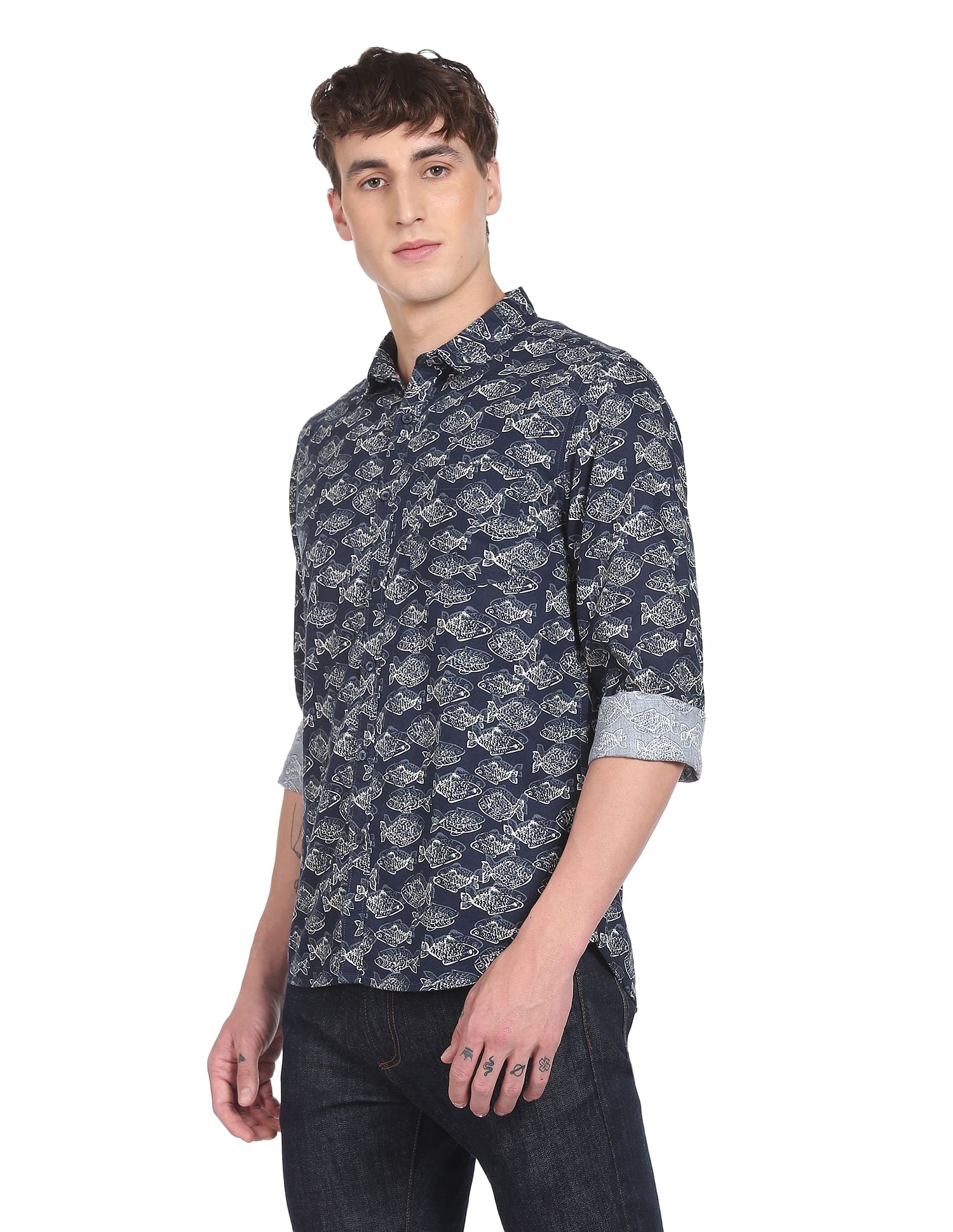 Flying Machine Spread Collar Abstract Print Shirt