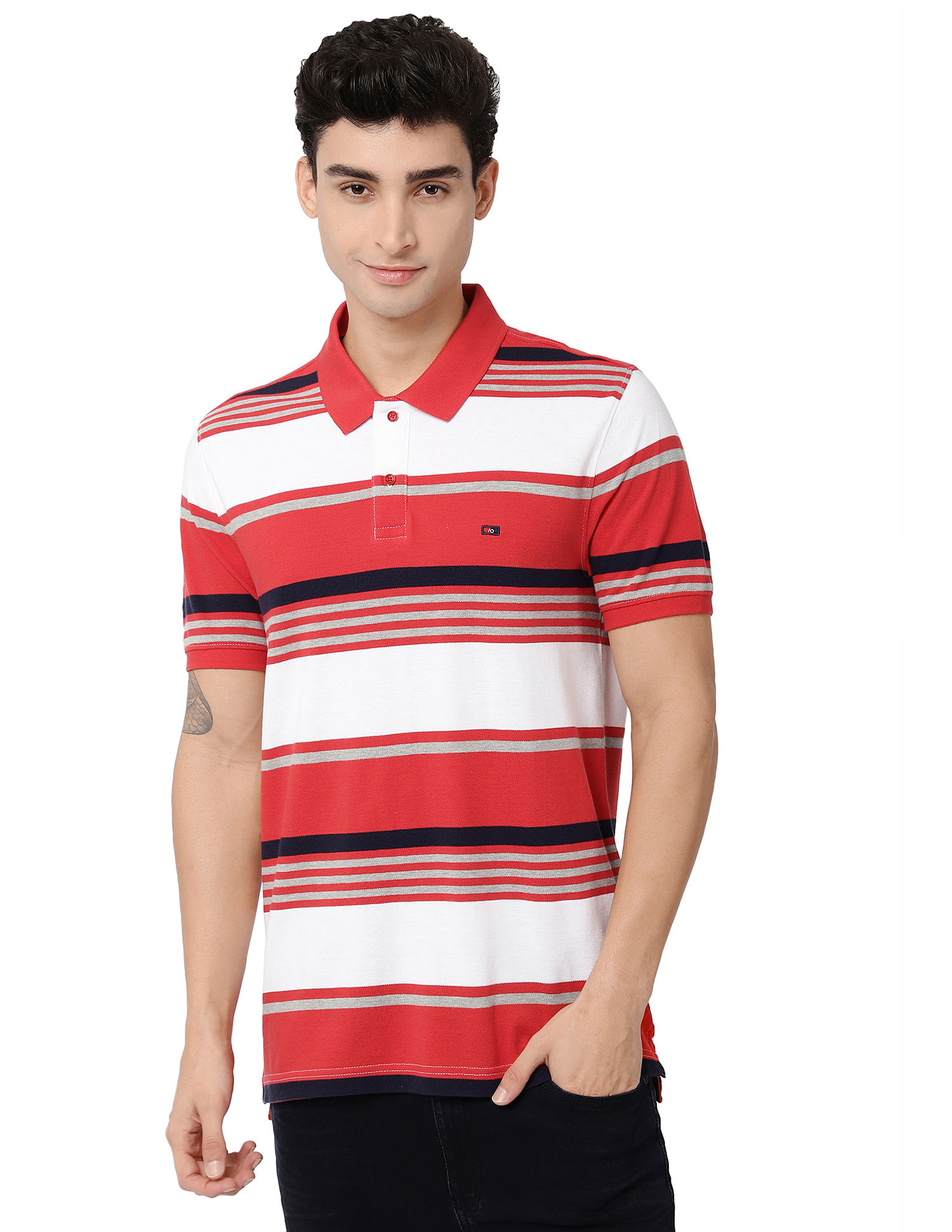 AD by Arvind Horizontal Stripe Cotton Pique Polo Shirt