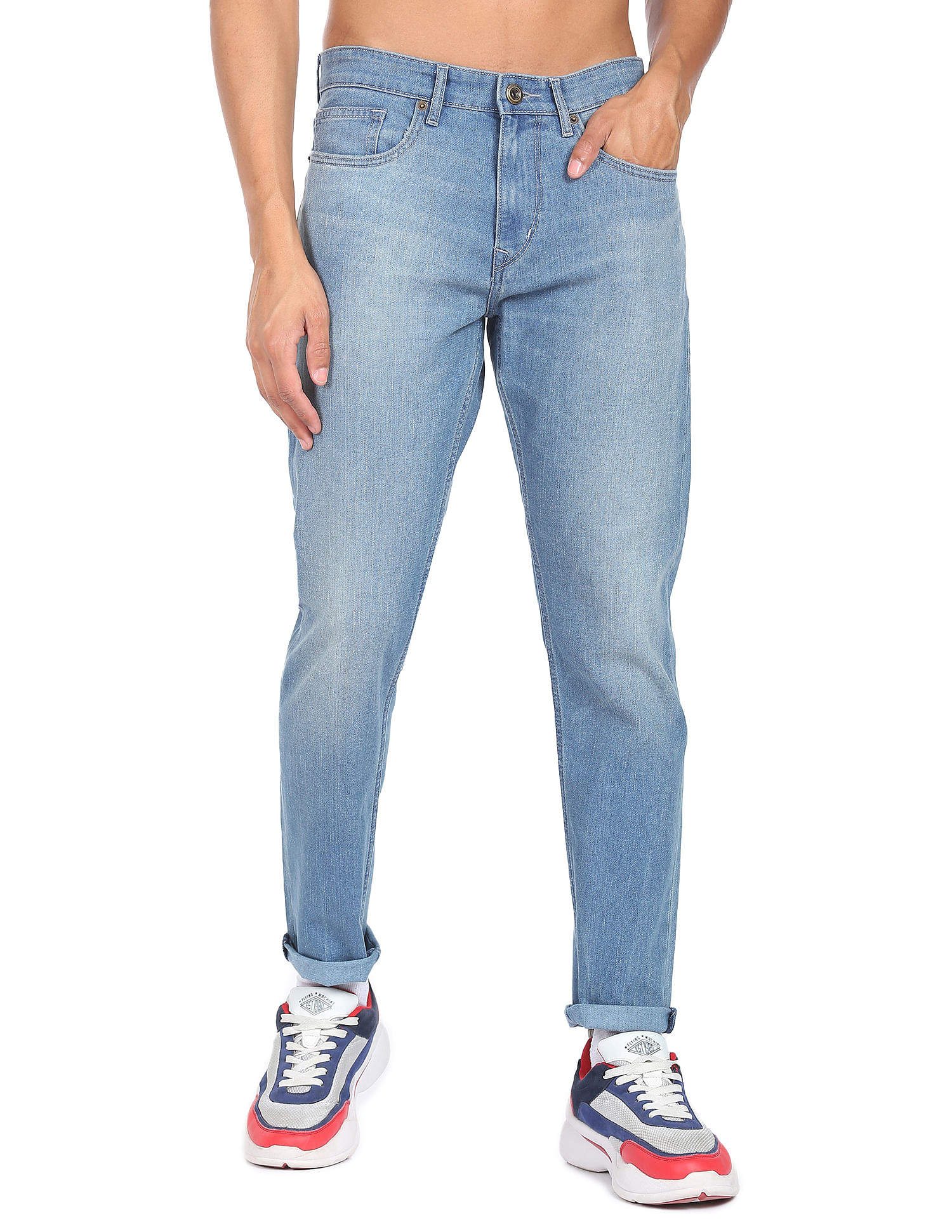 Flying Machine Stone Wash Slash Slim Tapered Fit Jeans