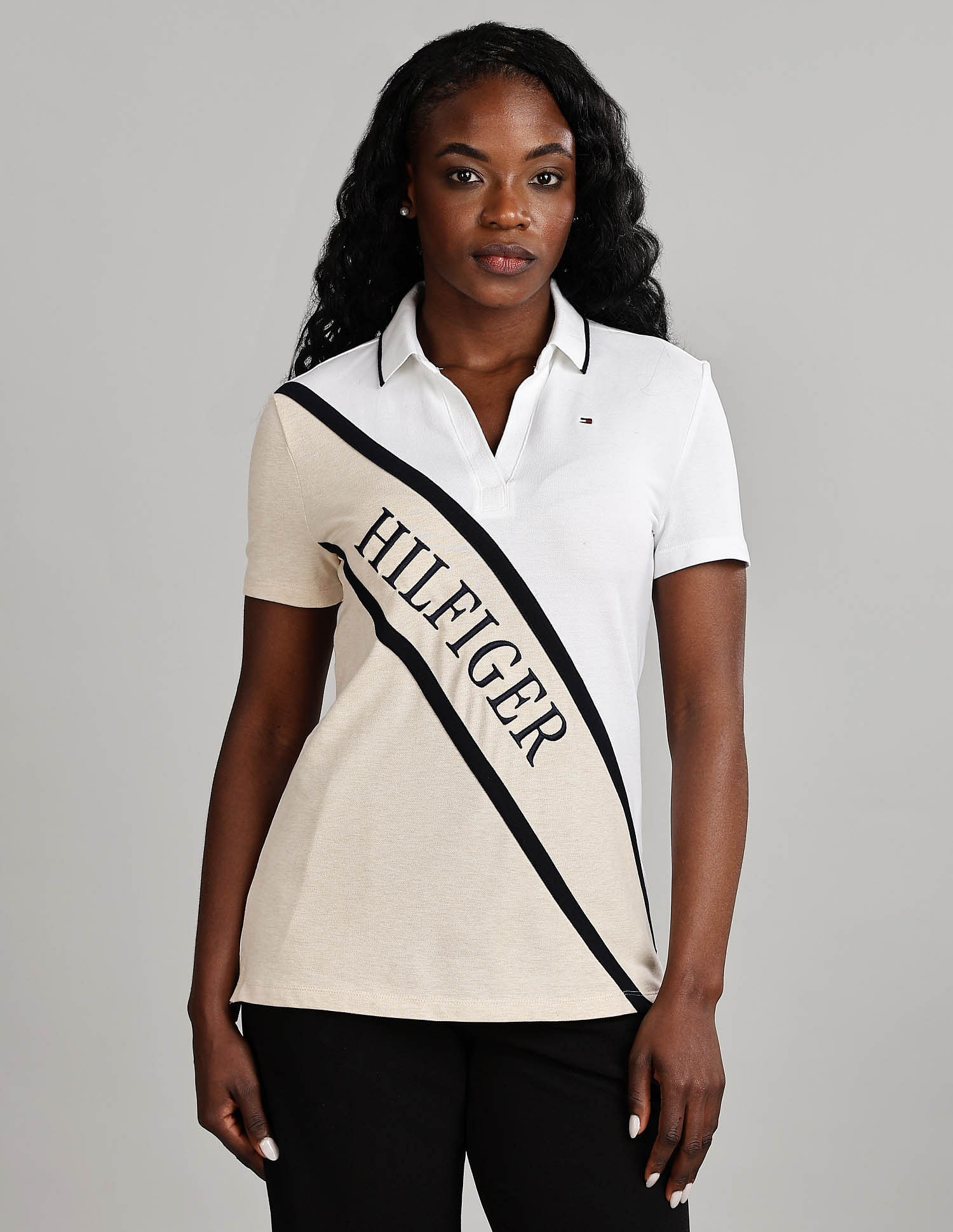 Tommy Hilfiger Womens Beige Colour Blocked Polo Shirt