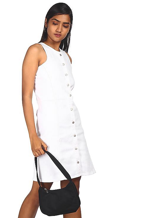 Calvin Klein Women White Button Down Sleeveless Shift Dress