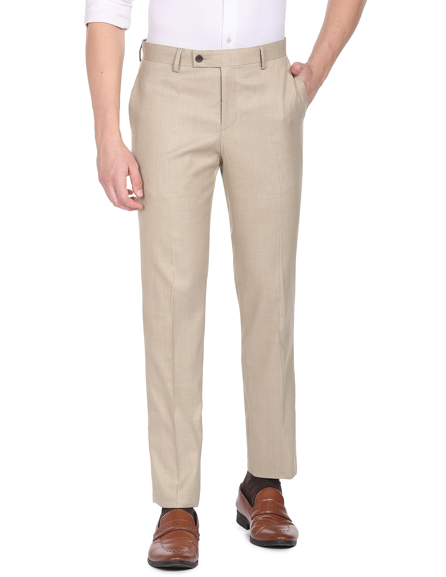 Buy Arrow Men Beige Hudson Tailored Fit Smart Flex Formal Trousers -  NNNOW.com