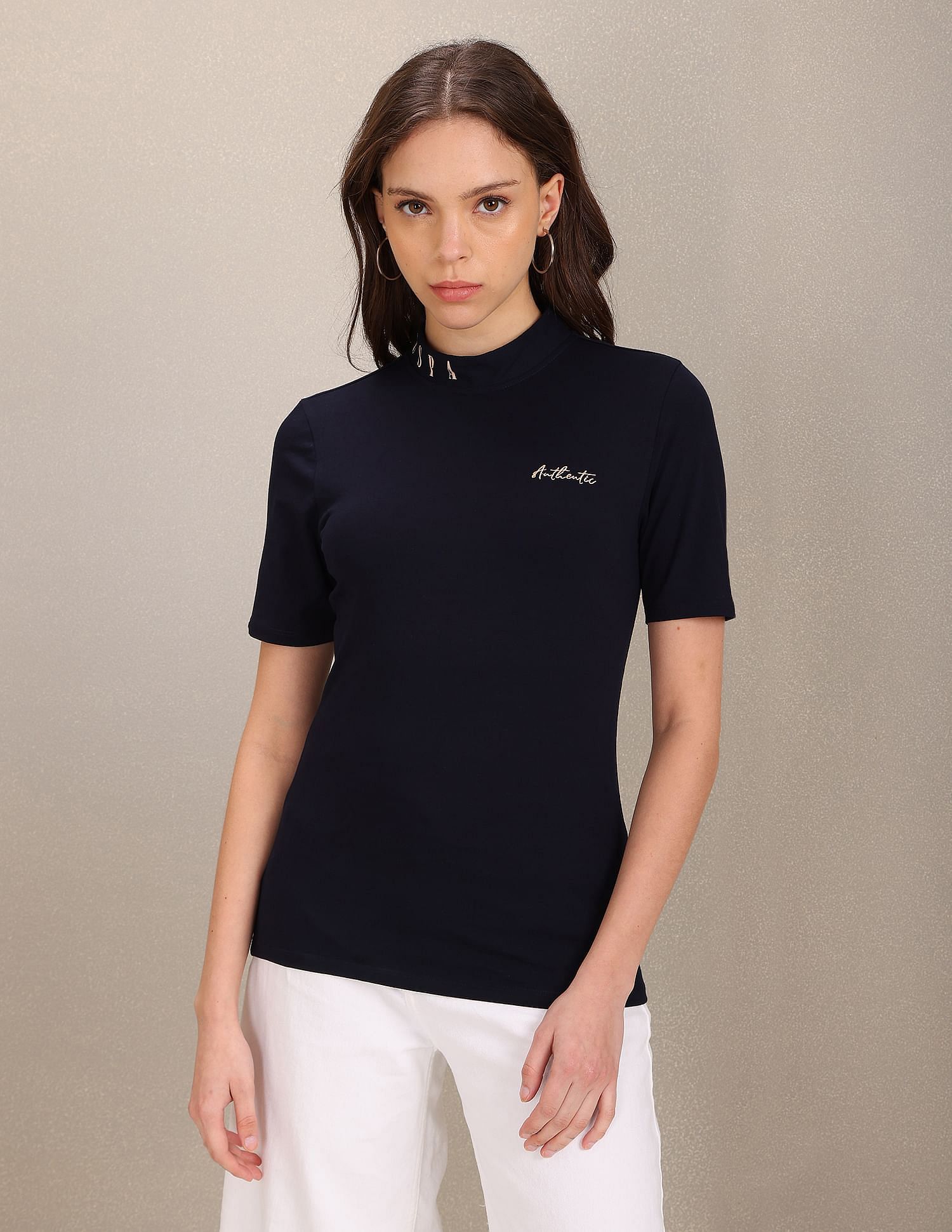 U.S. Polo Assn. Women Stand Neck Typographic Print Solid T-Shirt