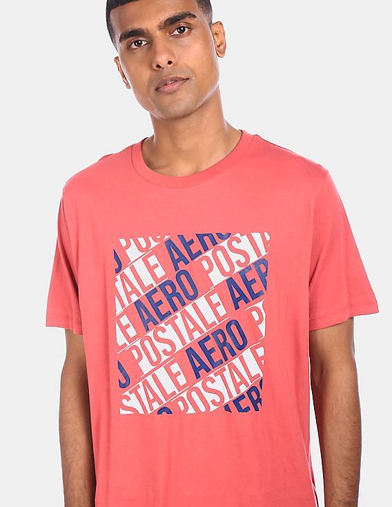 Aeropostale Men Coral Pink Crew Neck Cotton Graphic Print T-Shirt