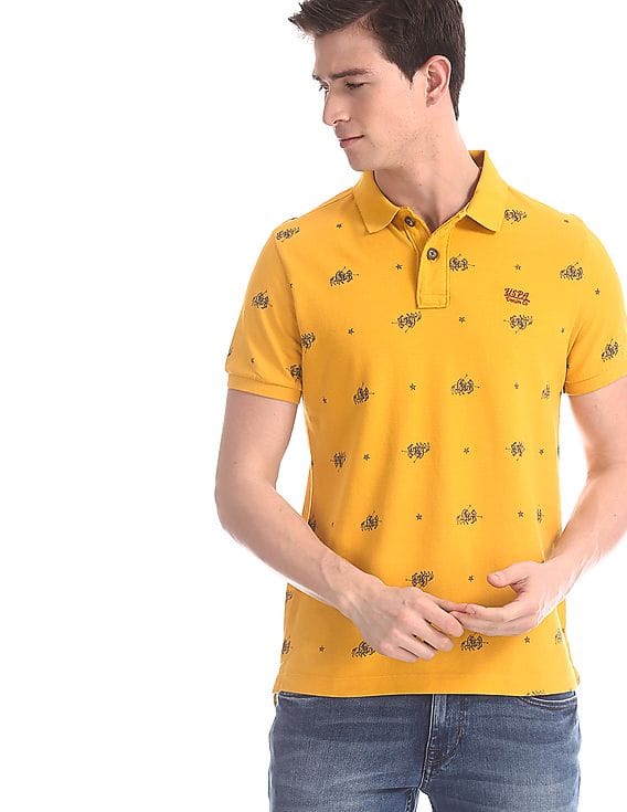 Buy MenYellow Allover Print Pique Polo 
