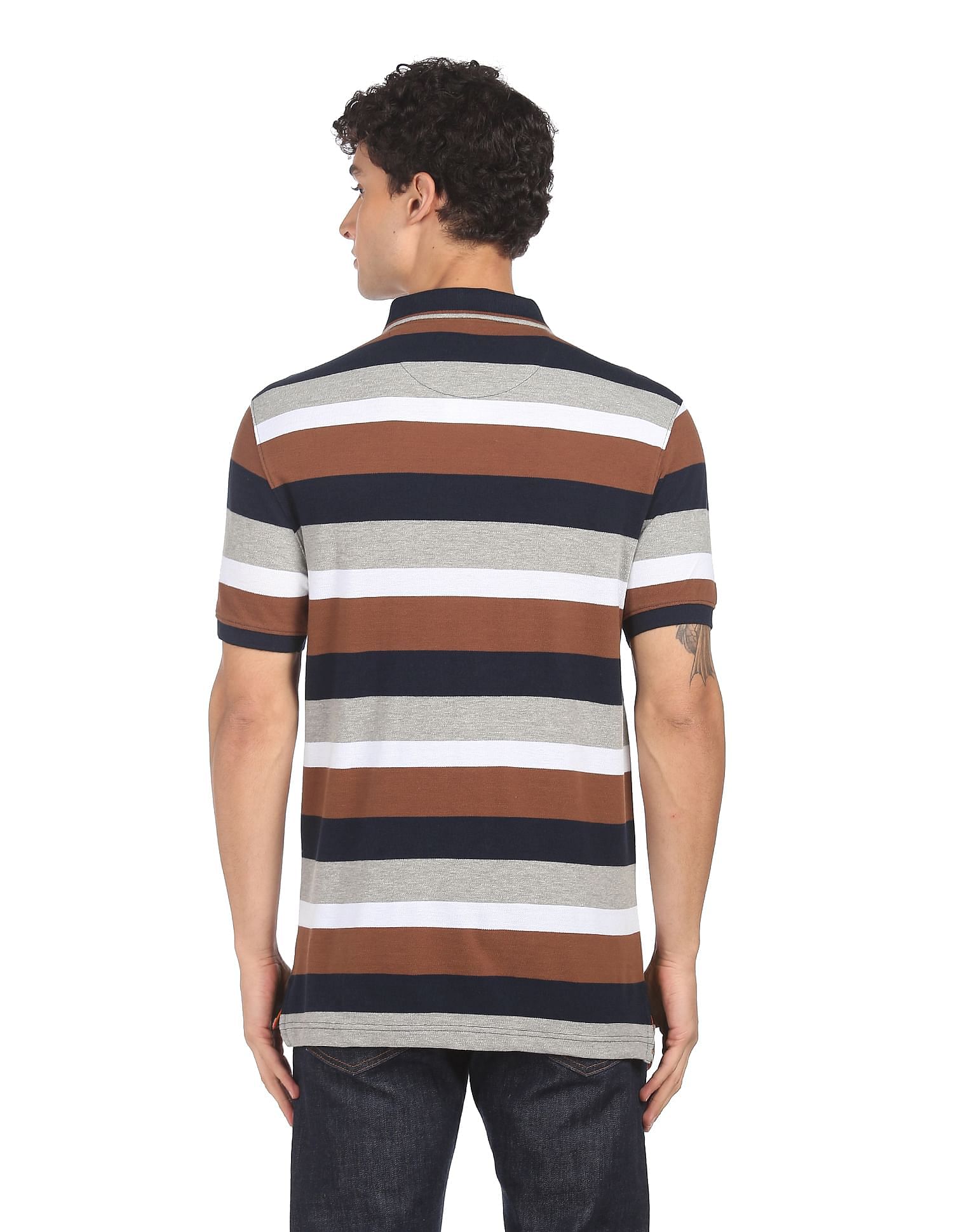 AD by Arvind Cotton Horizontal Stripe Polo Shirt