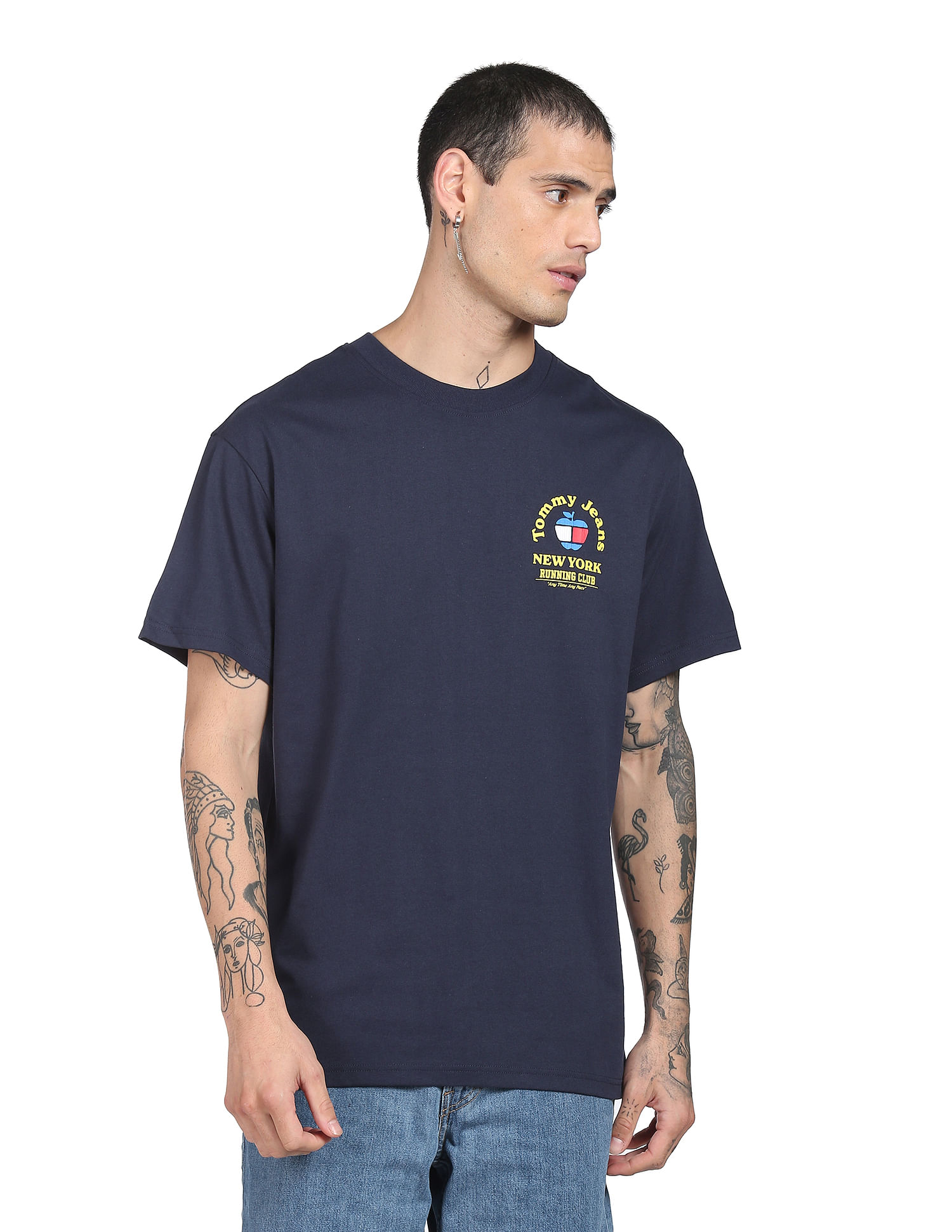 Tommy Hilfiger Men Navy Running Club Graphic Print Recycled Cotton T-Shirt