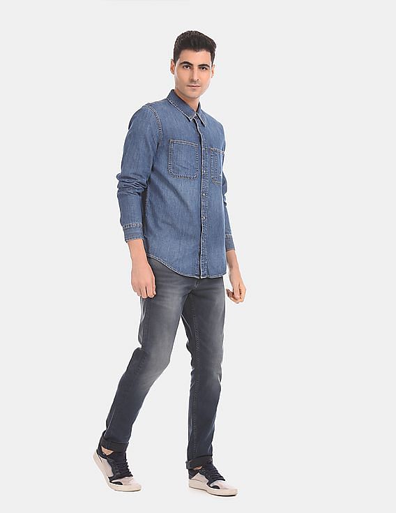 Calvin Klein Men Dark Blue Washed Iconic Denim Double Patch Pocket Casual Shirt