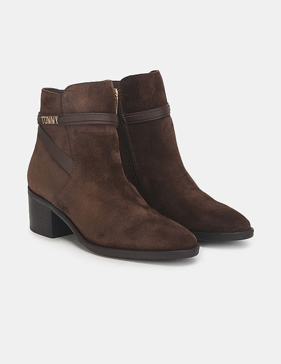 Buy Tommy Hilfiger Women Brown Branding Suede Block Heels Mid