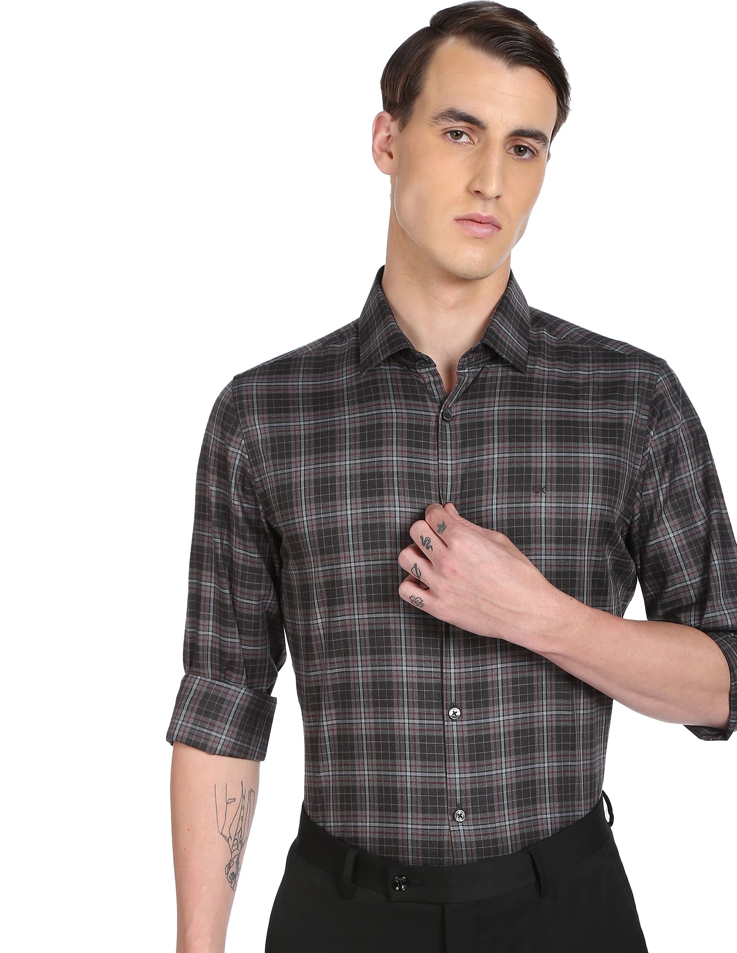 Buy Calvin Klein Men Dark Grey Plaid Check Slim Fit Cotton Formal Shirt NNNOW