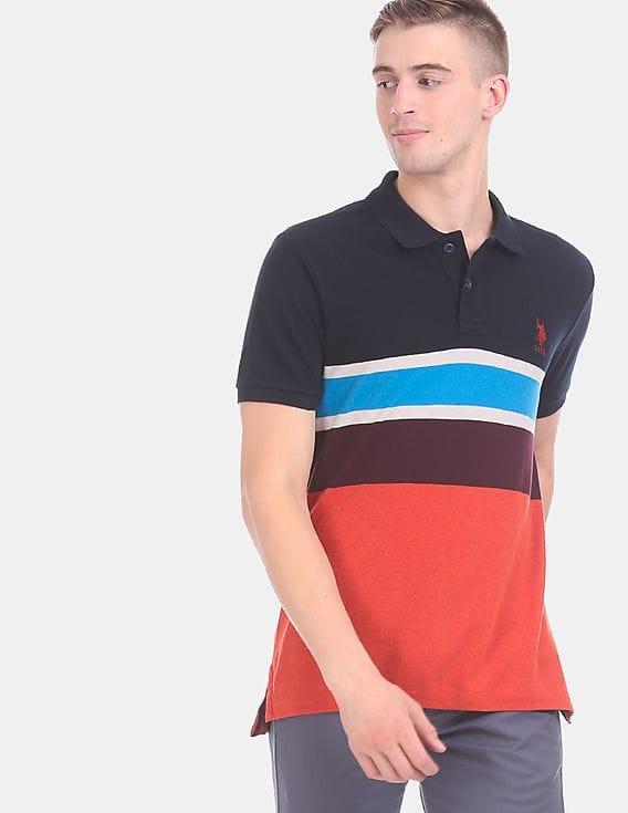 Buy Polo Men Navy And Orange Striped Pique Polo Shirt