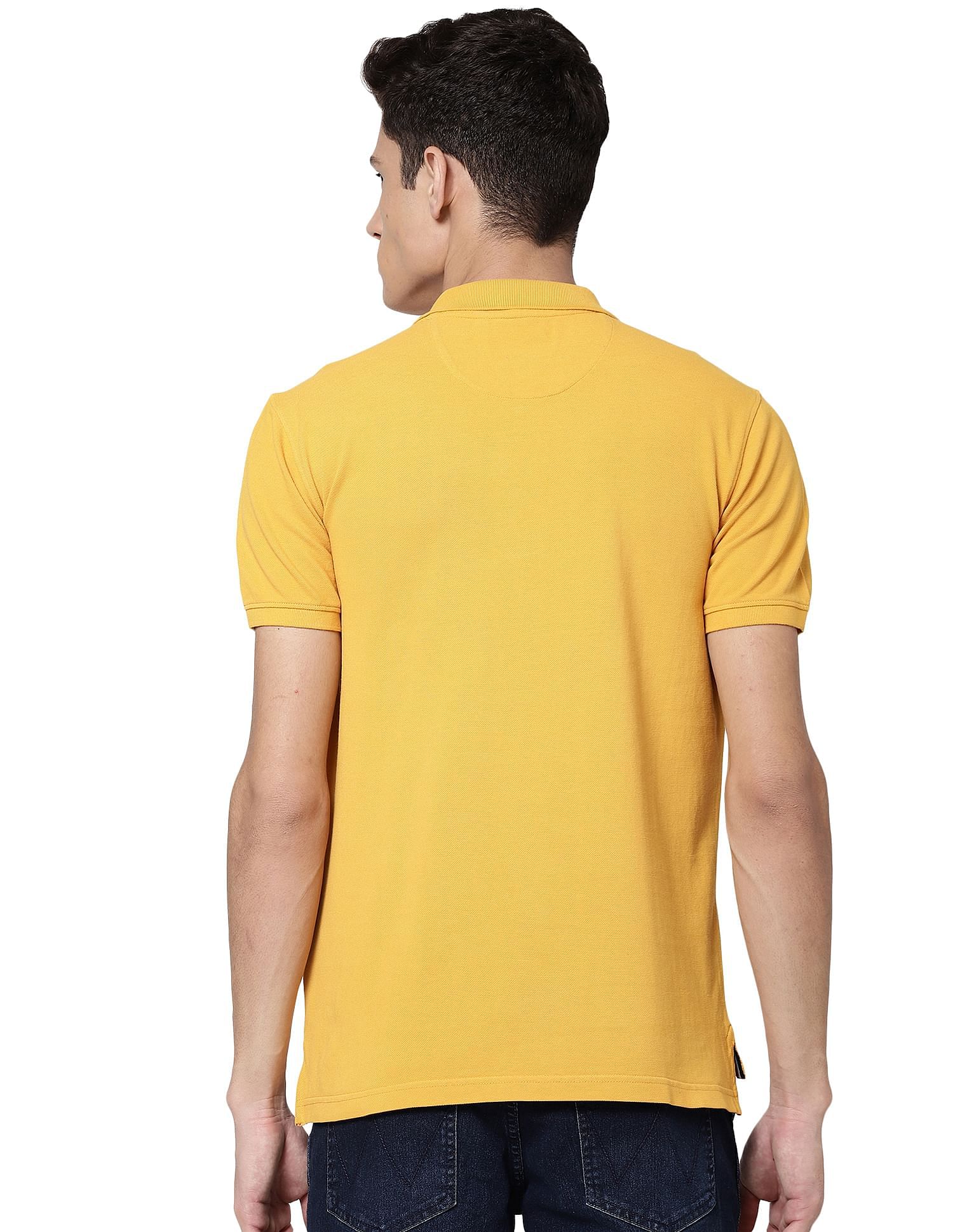 AD by Arvind Men Golden Yellow Cotton Solid Polo Shirt