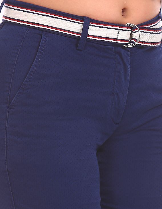 Tommy Hilfiger Women Blue Cotton Stretch Dobby Pants