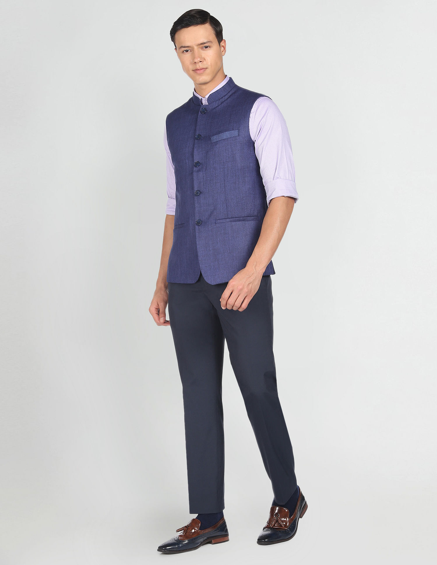 Buy Arrow Men Dark Blue Mandarin Collar Nehru Jacket NNNOW