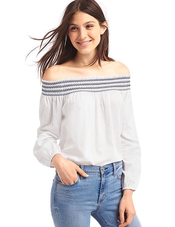 white smocked off the shoulder top