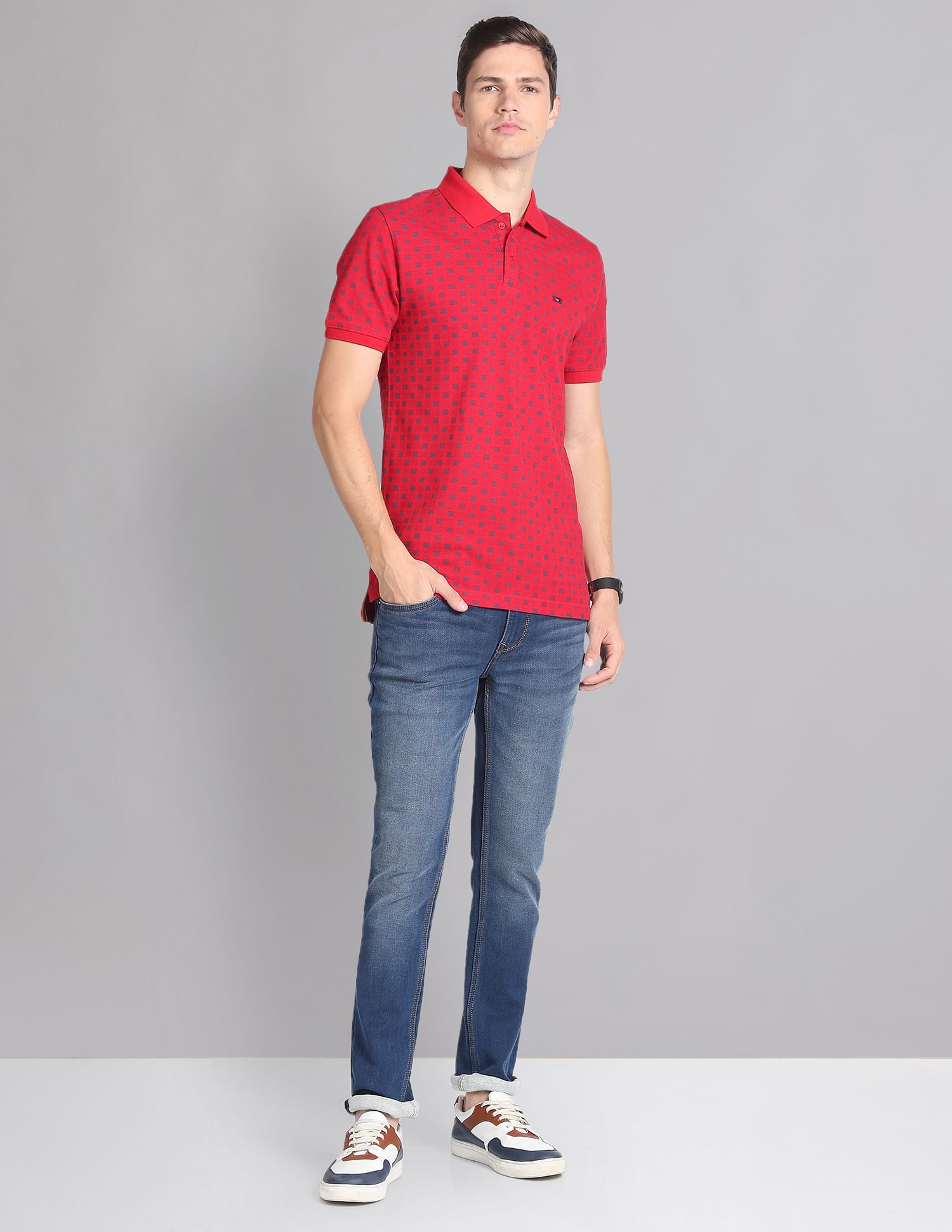 AD by Arvind Geometric Print Cotton Polo Shirt