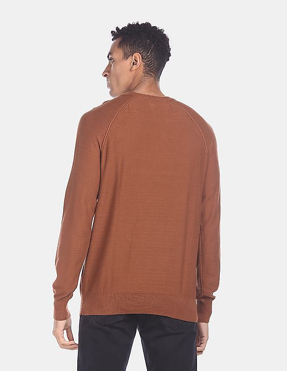 GAP Men Brown Ribbed Crew Neck Solid Sweater