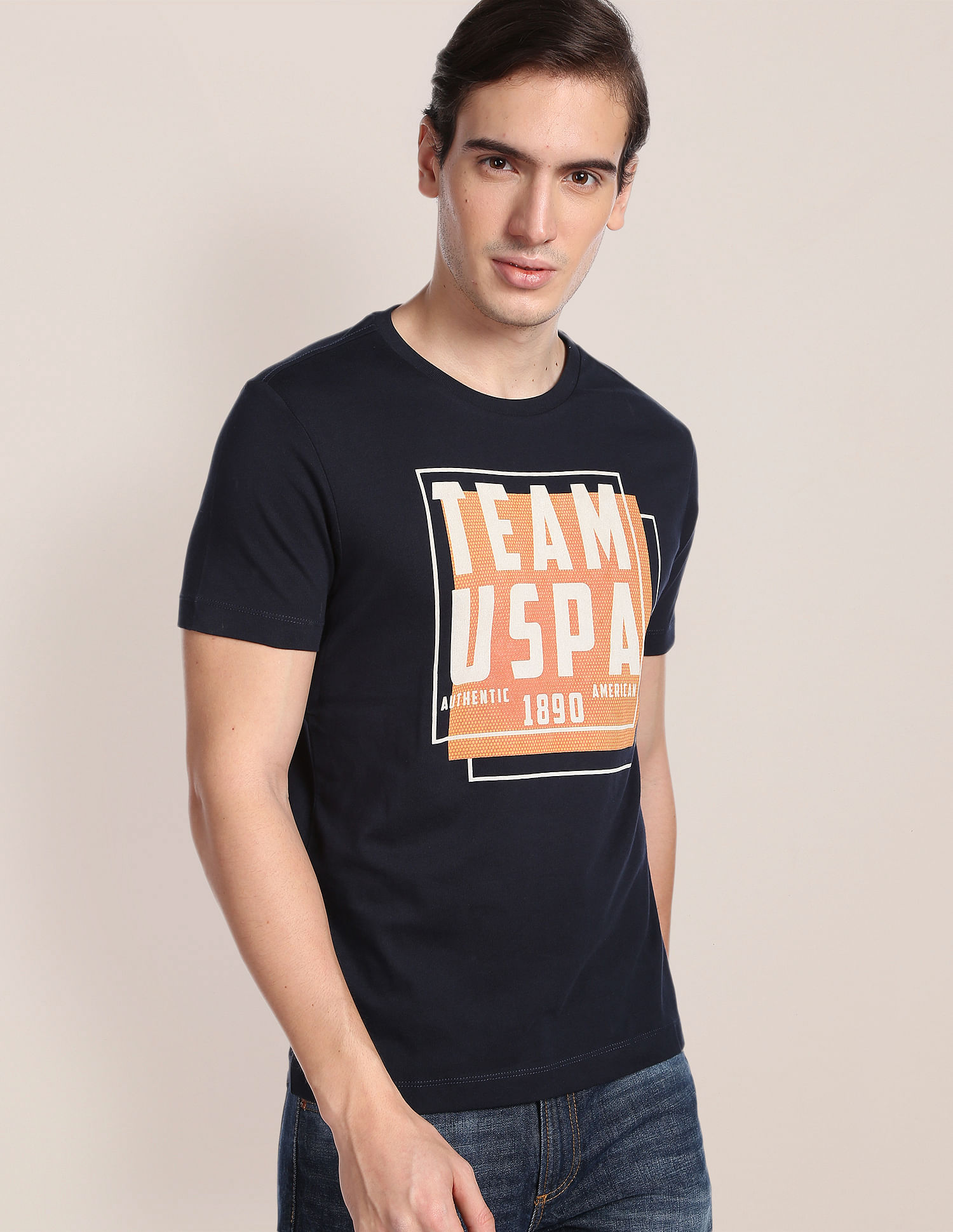 U.S. Polo Assn. Men Navy Brand Printed Cotton T-Shirt