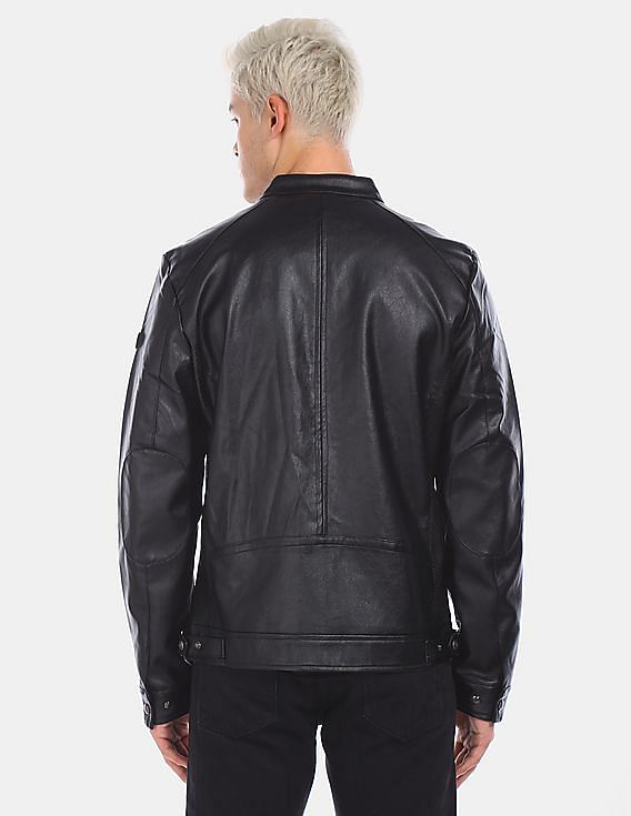 U.S. Polo Assn. Men Black Mandarin Collar Solid Biker Jacket