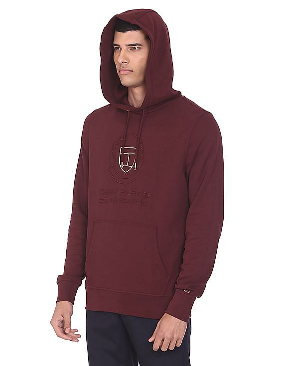 Tommy Hilfiger Men Maroon Tonal Embroidered Crest Sweatshirt