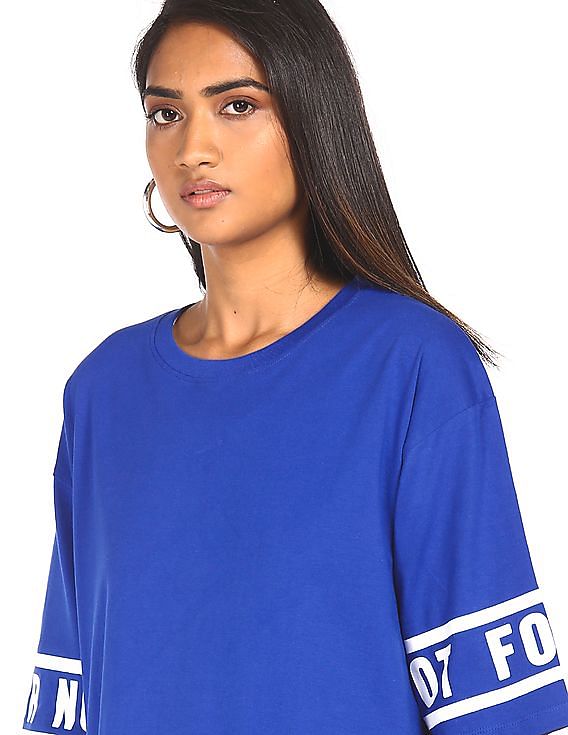 Buy Women Women Blue Three-Quarter Sleeve Printed T-Shirt - NNNOW.com