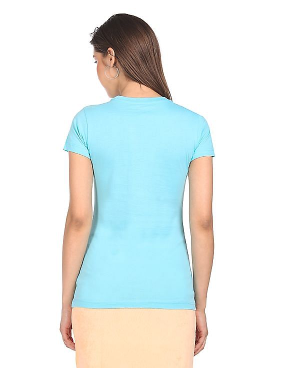 Aeropostale Women Aqua Crew Neck Brand Print T-Shirt