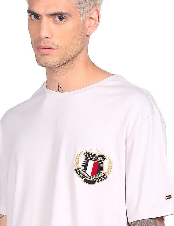 Buy Tommy Hilfiger Men Off White Crew Neck Embroidered Logo T