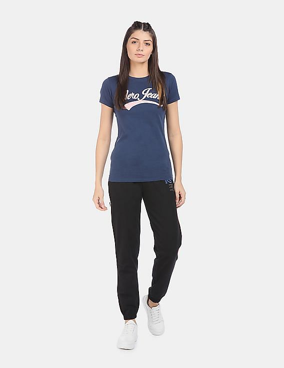 Aeropostale Women Black Mid Rise Brand Printed Joggers