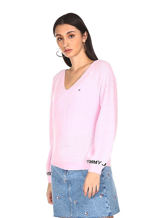 Buy Tommy Hilfiger Women Light Pink V-Neck Long Sleeve Sweater