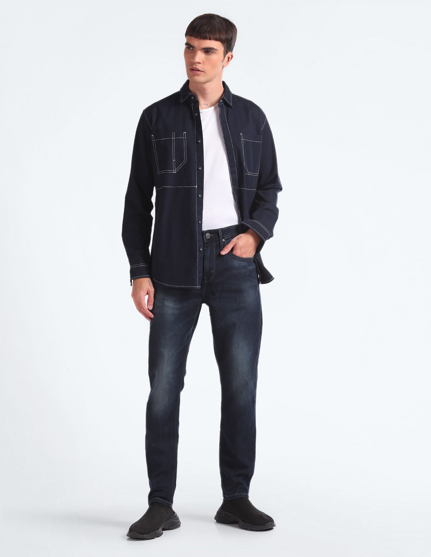 Flying Machine Mid Rise Slash Slim Tapered Jeans