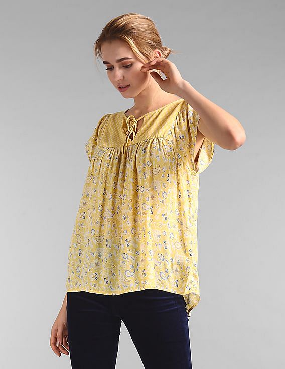 Buy GAP Women Yellow Mix-Print Flutter Sleeve Smock Top