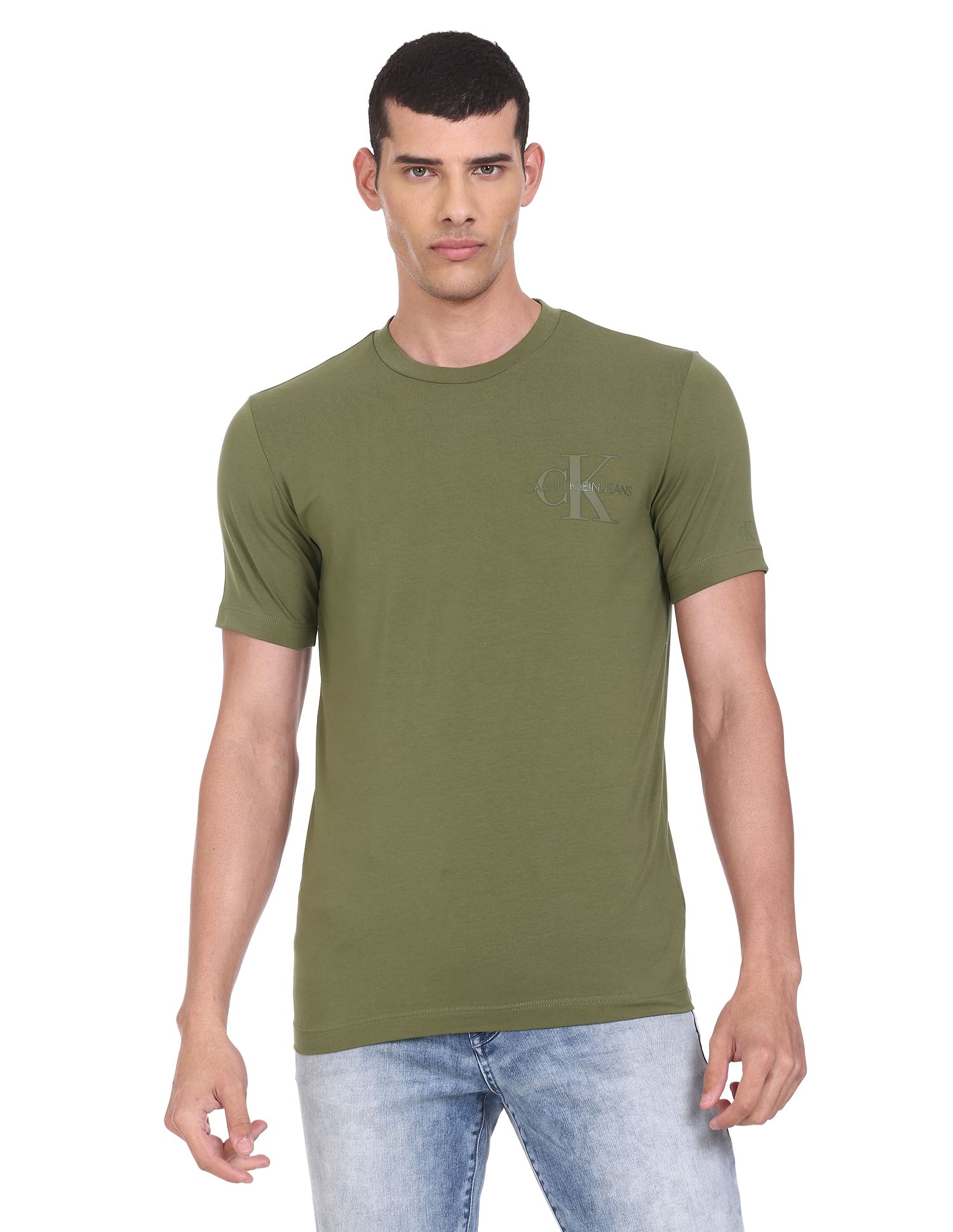 Calvin Klein Men Green Crew Neck Solid Cotton T-Shirt