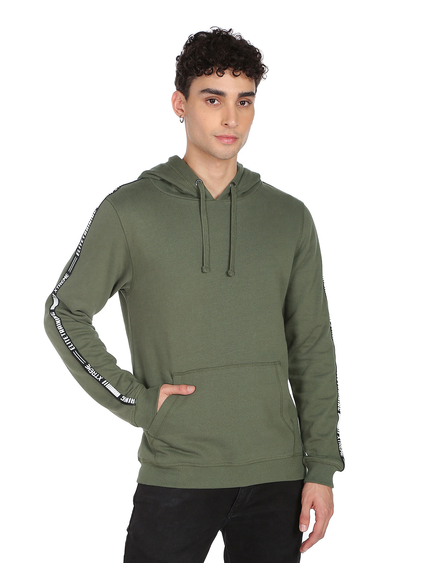 Flying Machine Brand Tape Solid Hooded Sweatshirt